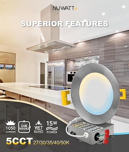 Miniatura 3 de NUWATT Paquete de 12 luces LED empotrables ultrafinas de 6 pulgadas, seleccionables 2700 K/3000 K/3500 K/4000 K/5000 K, alto brillo, 1050 lúmenes,