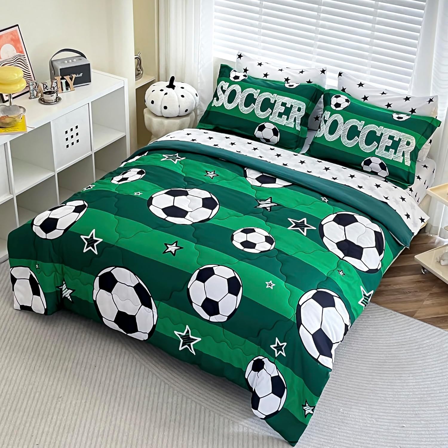 7 Piece Boys Soccer Comforter Set Full Size Bed in A Bag 3D Football Playground Sports Bedding Set for Kids Microfiber Comforter All Season Green - Image 5
