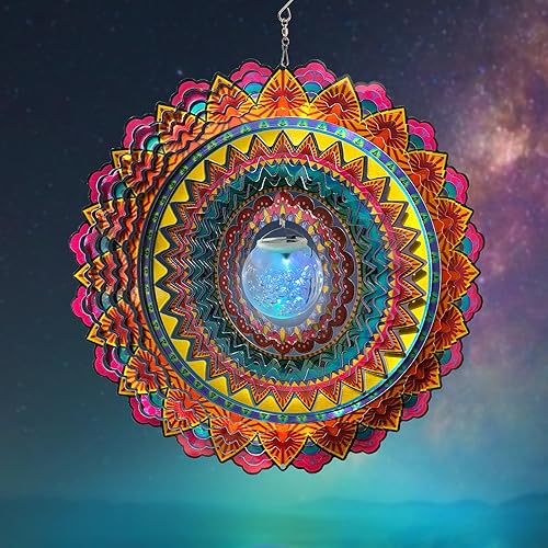 FONMY Molinillo de viento solar con diseño de mandala, llama de acero inoxidable 3D, para colgar, para decoración de Navidad, decoración de jardín