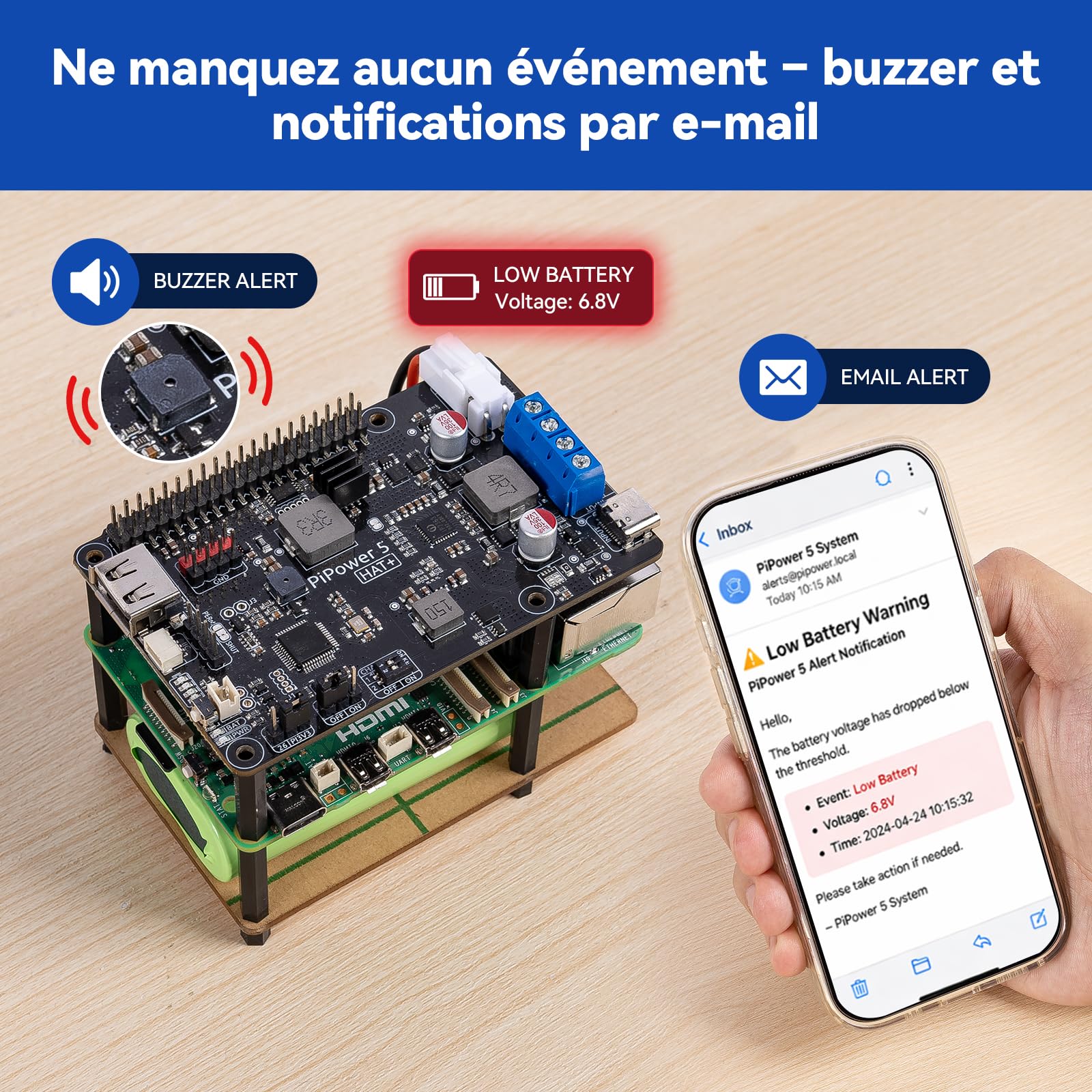 PiPower 5 UPS Hat pour Raspberry Pi 5/4B/3B+/Zero 2 W, Alimentation 5V/5A avec Batterie de Secours, arrêt sécurisé, alertes intelligentes, USB-C PD 45W pour NAS, Serveur et Home Assistant