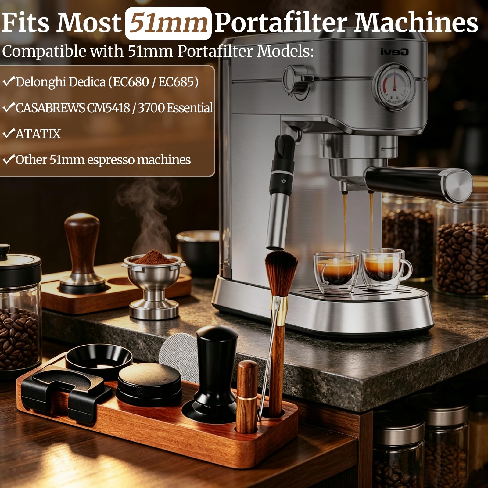 Espresso Zubehör 12er Set, 51mm Kaffee Tamper mit Dosierring,Kaffee-Distributor, WDT Tool, Aufbewahrungsstation, Milchkännchen und Kaffeeschablonen, Komplettes Barista Starter Set für Siebträger