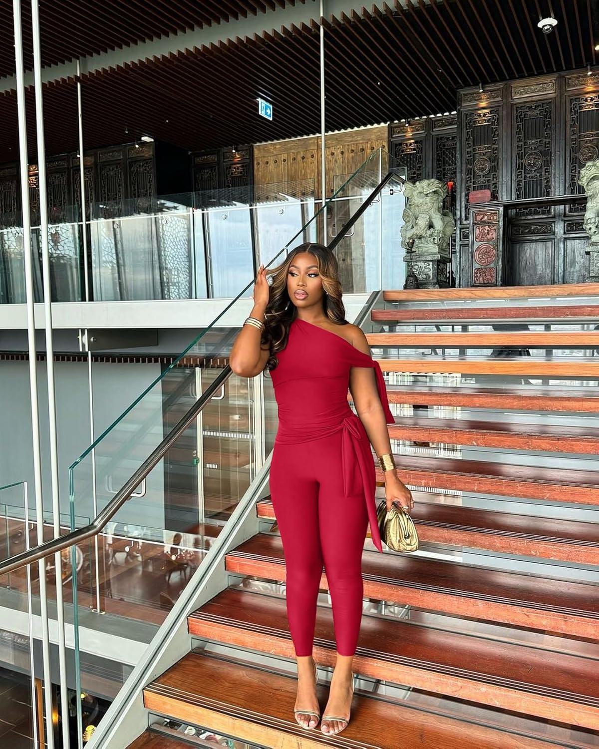 Vssjavun Women 2 Piece Outfits Sexy One Shoulder Sleeveless Crop Tops High Waist Bodycon Matching Long Pants Sets - Image 6