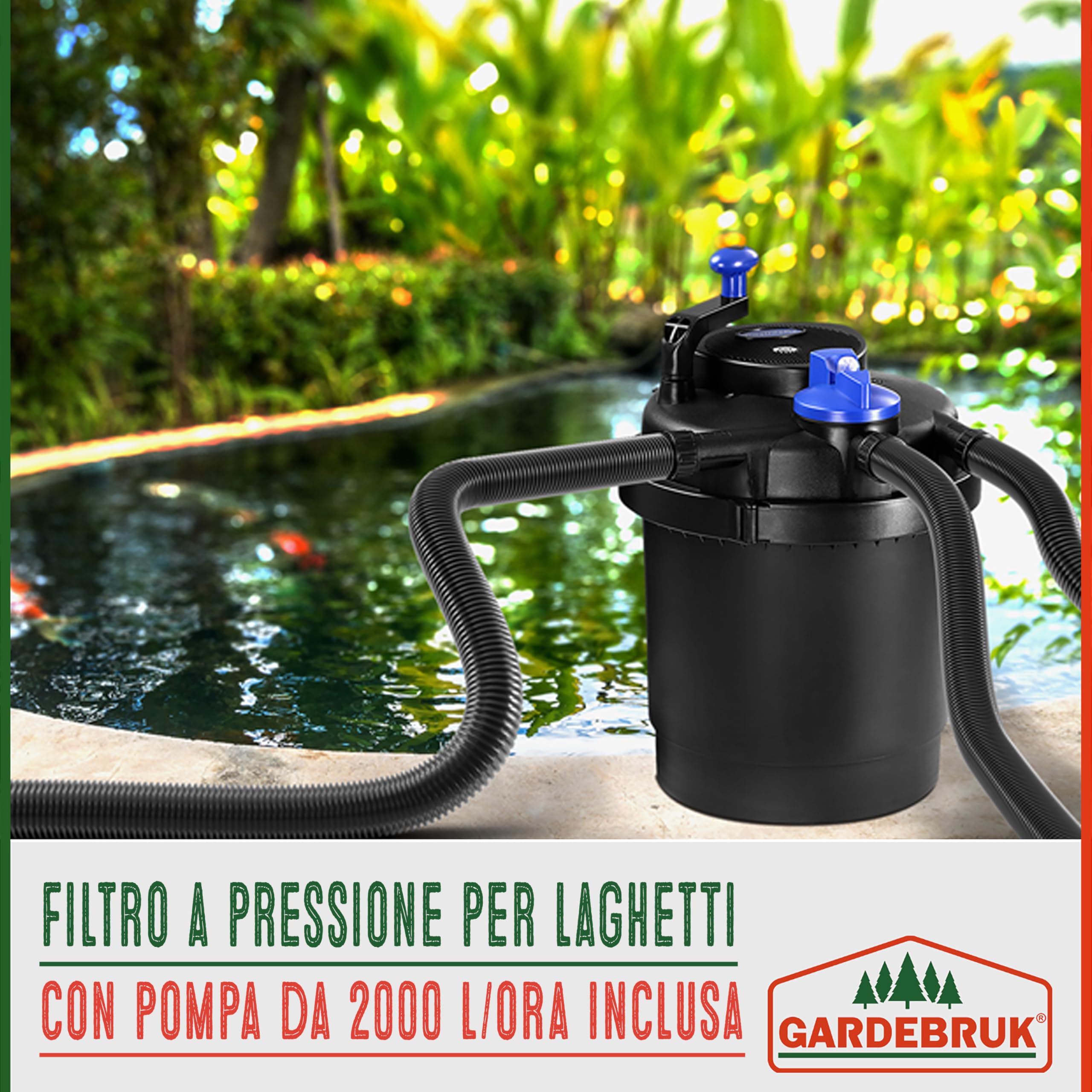 Gardebruk Filtro a Pressione per Laghetto con UVC 16L 6000 L/H 11 Watt Set Completo Pompa Potente