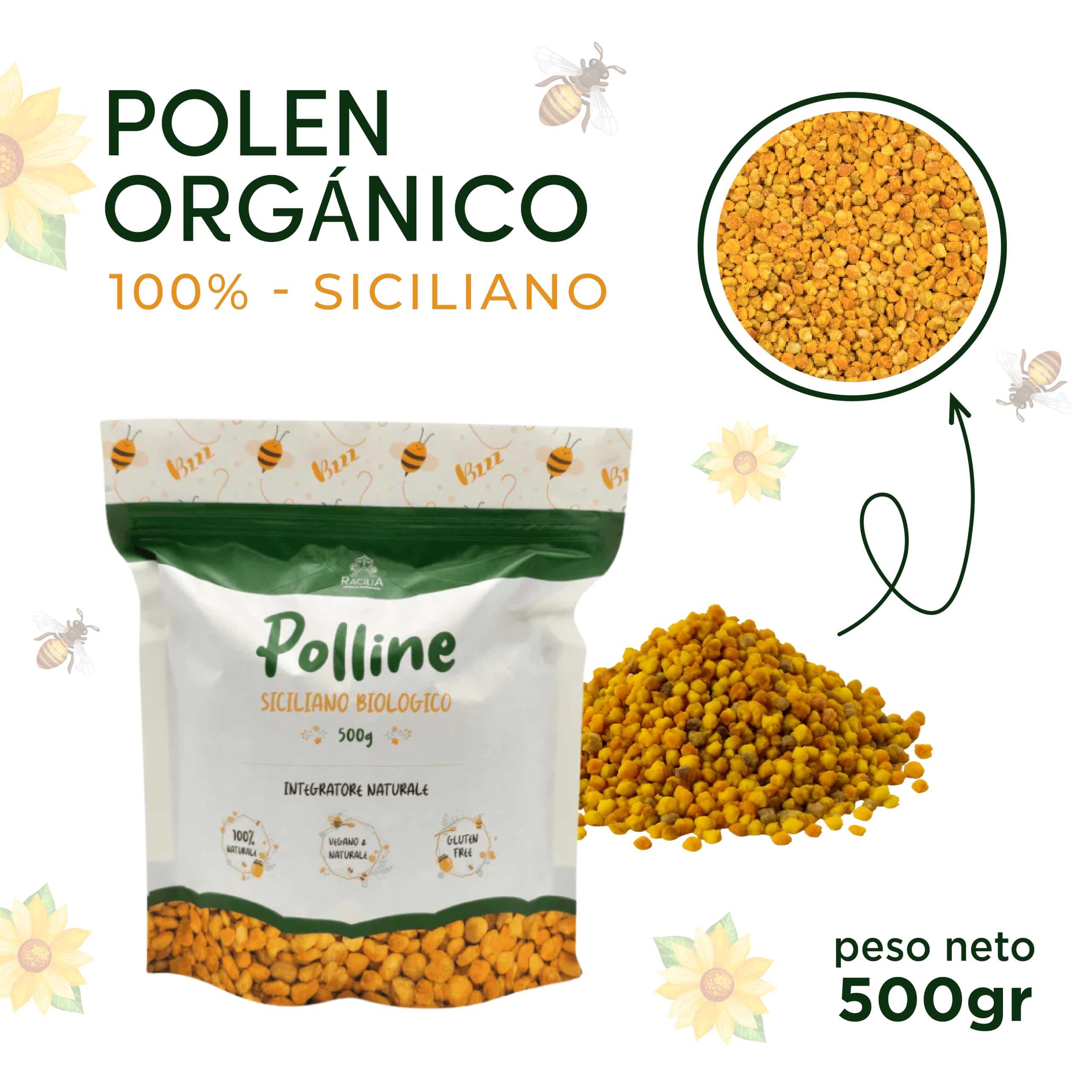 Polen de Agricultura Orgánica - 100% Siciliano, rico en vitaminas, minerales y antioxidantes - Eco-Friendly, sin plaguicidas - 500gr