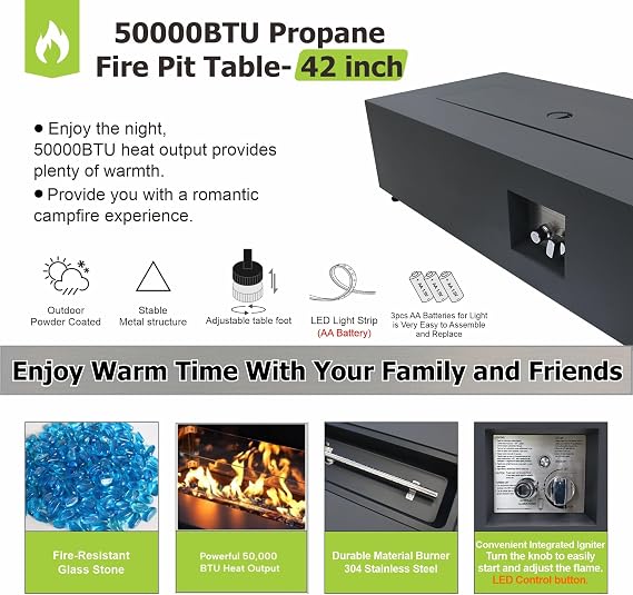 SUNPEAK 42 Propane Fire Pit Table with LED Light - 50,000 BTU with Wind Guard, Lid, Rocks and Cover - Outdoor Gas Fire Pit Rectangle - Coffee Table with Fire Pit (Black/RGB Light, 42 LED)