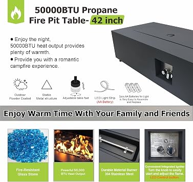 SUNPEAK 42 Propane Fire Pit Table with LED Light - 50,000 BTU with Wind Guard, Lid, Rocks and Cover - Outdoor Gas Fire Pit Rectangle - Coffee Table with Fire Pit (Black/RGB Light, 42 LED)