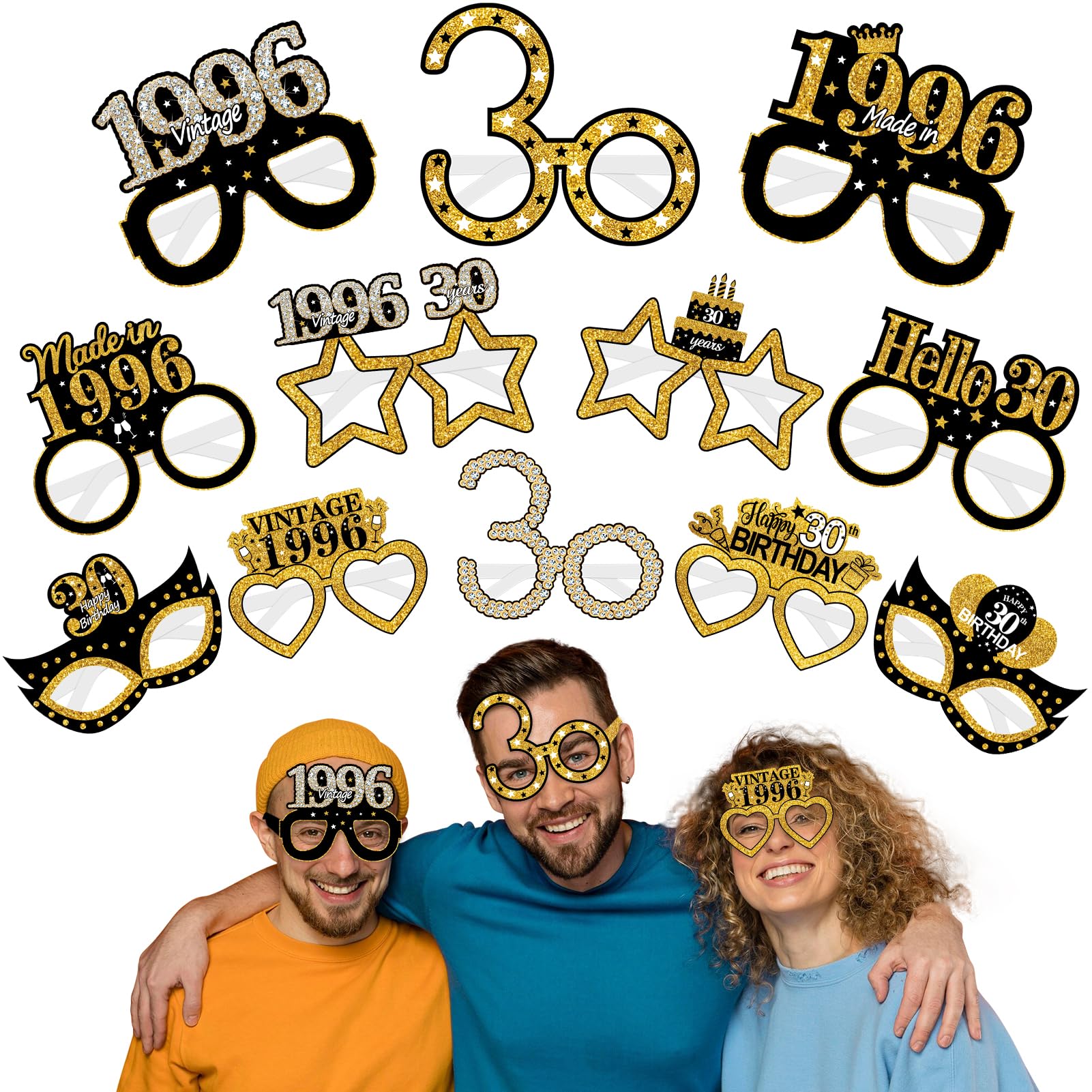 Turypaty 24Pcs 1996 30th Birthday Paper Glasses Decorations for Men Women - Black Gold Happy 30th Birthday Paper Eyeglasses Photo Props, Vintage 1996 Thirty Years Old Birthday Party Supplies