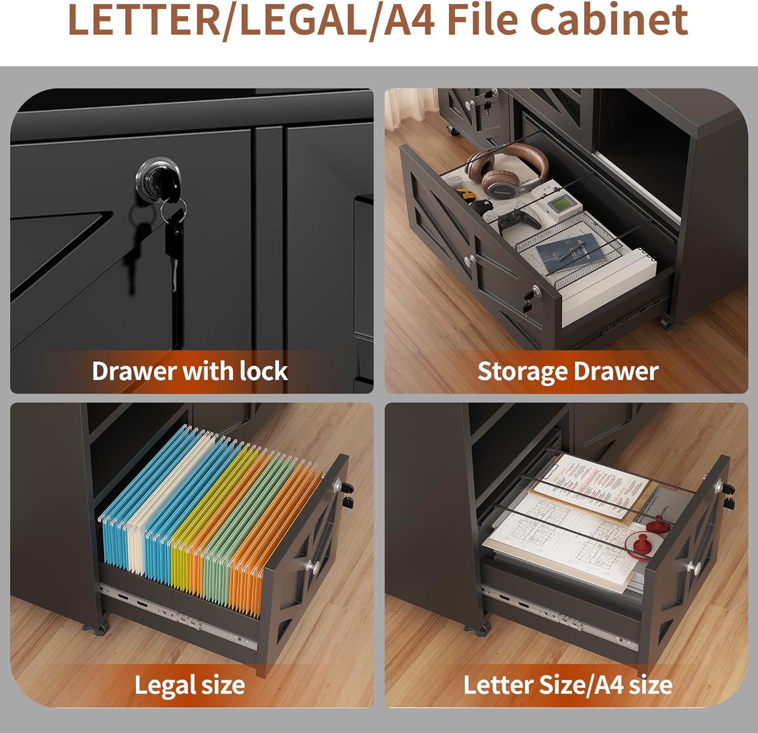 Semoic Black Lateral File Cabinet with Lock, 2 Drawer Rolling Filing Cabinet for Home Office, Mobile Storage Cabinet with Open Shelves & Sliding Door, Fits Legal/Letter/A4 Files, Herringbone Design