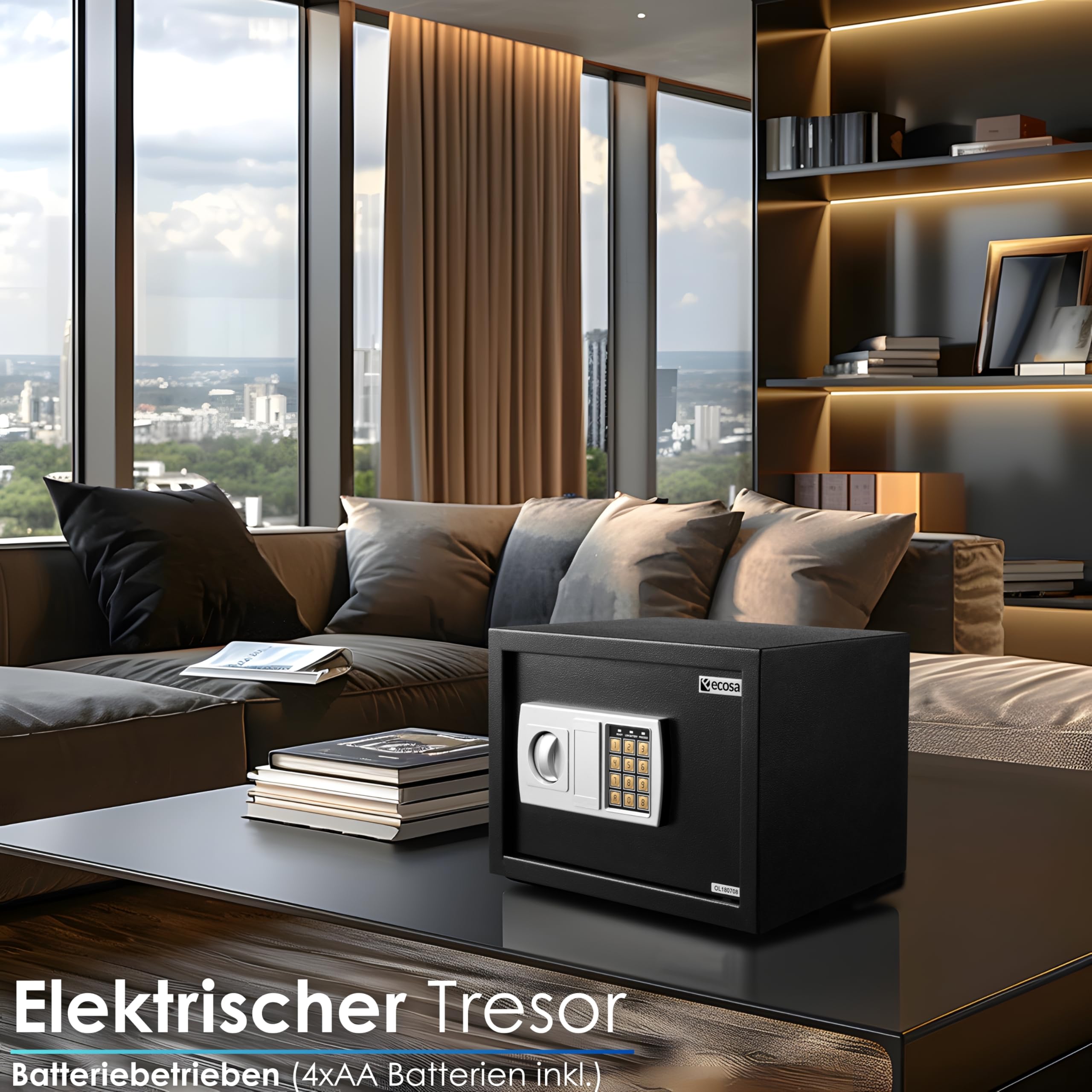 Ecosa Caja fuerte electrónica de 35 x 25 x 25 cm con cerradura de combinación y llave, caja fuerte para hotel, caja fuerte para muebles, caja fuerte de pared para casa y niños, caja fuerte eléctrica 3