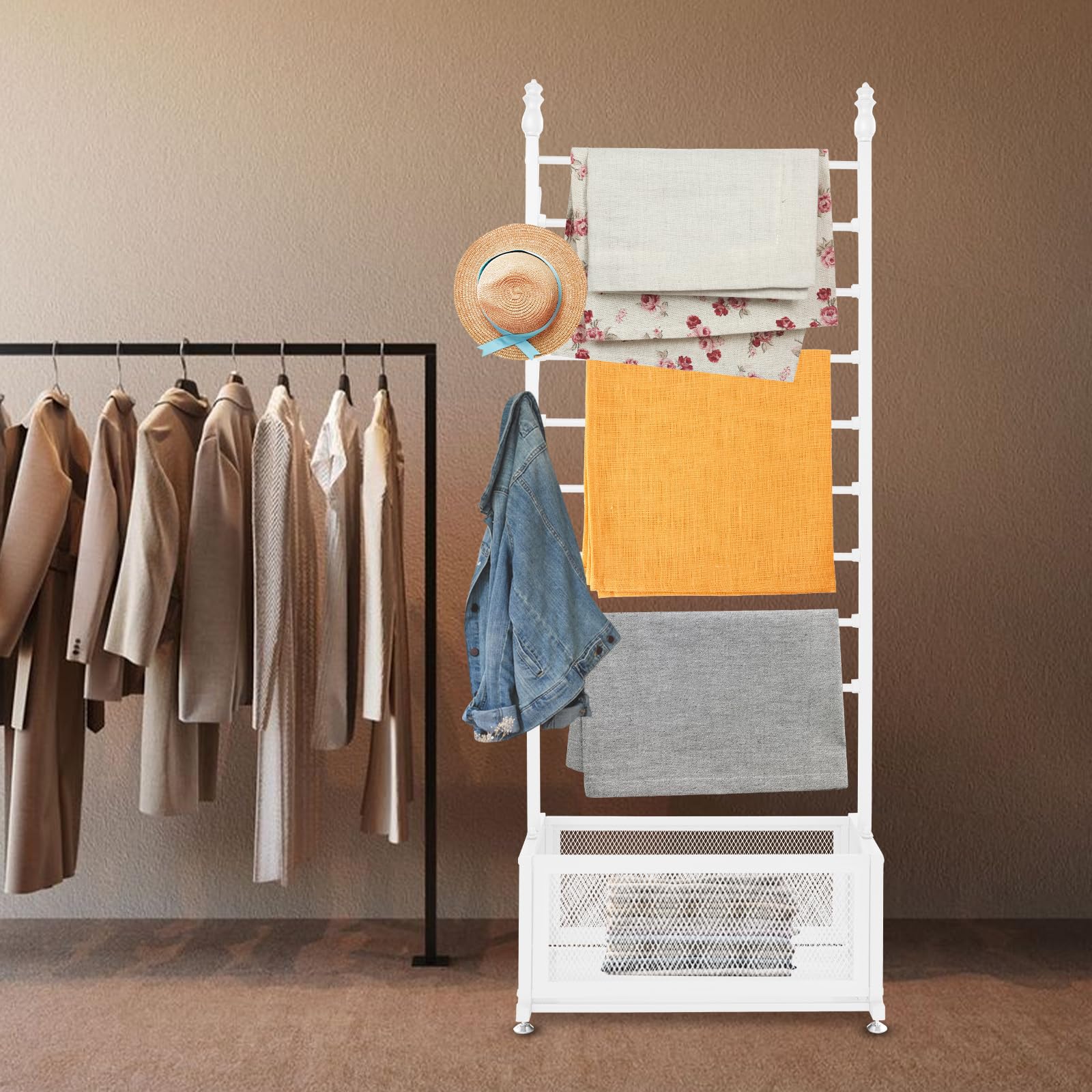 kunghei 9 Tiers Floor Rolling Ribbon Organizer Wrapping Paper Tie & Scarf Rack With Storage Basket, Towel Hijab Stand Scarves Holder for Home, Clothing Retail Store, Craft Room, Florist Cake-White