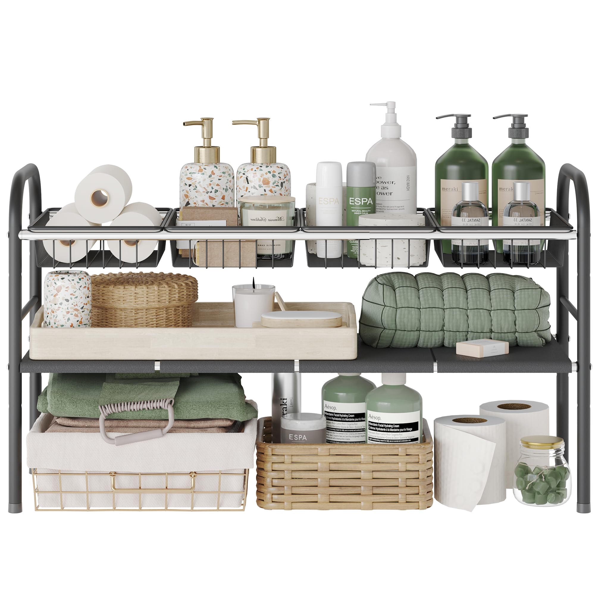 NETEL Étagère extensible sous l'évier, organiseur de placard, étagère sous évier pour cuisine et salle de bain, avec 6 panneaux et 2 paniers