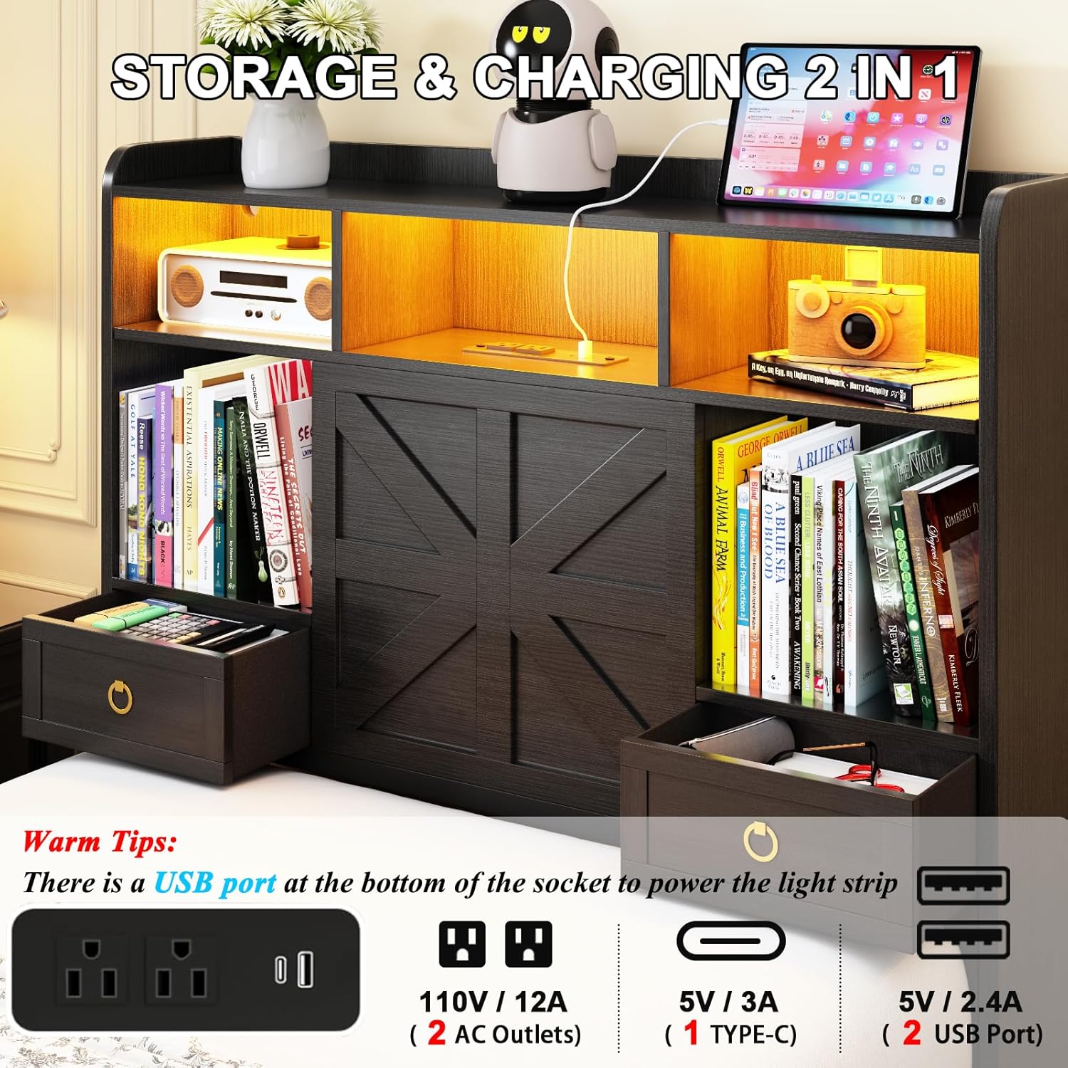 Twin Bed Frame with Storage Headboard, Farmhouse Platform Bed Frame with Bookshelf, Drawers, LED Lights and Charging Station, Metal Slats Support, Noise Free, No Box Spring Needed, Black - Image 5