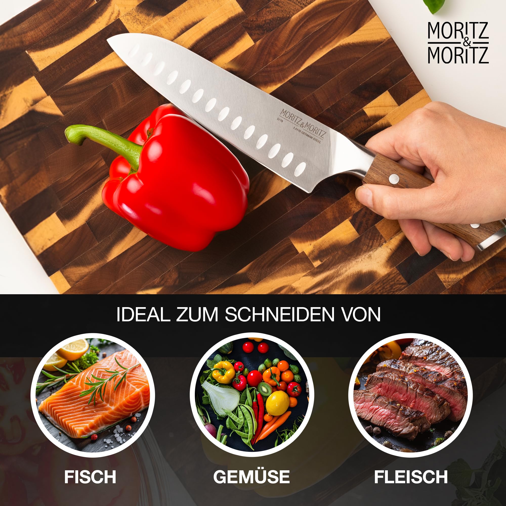 Moritz & Moritz Santoku Messer 18 cm - Profi Kochmesser im japanischem Stil mit extra scharfer Klinge - Küchenmesser für Fleisch – Bild 4