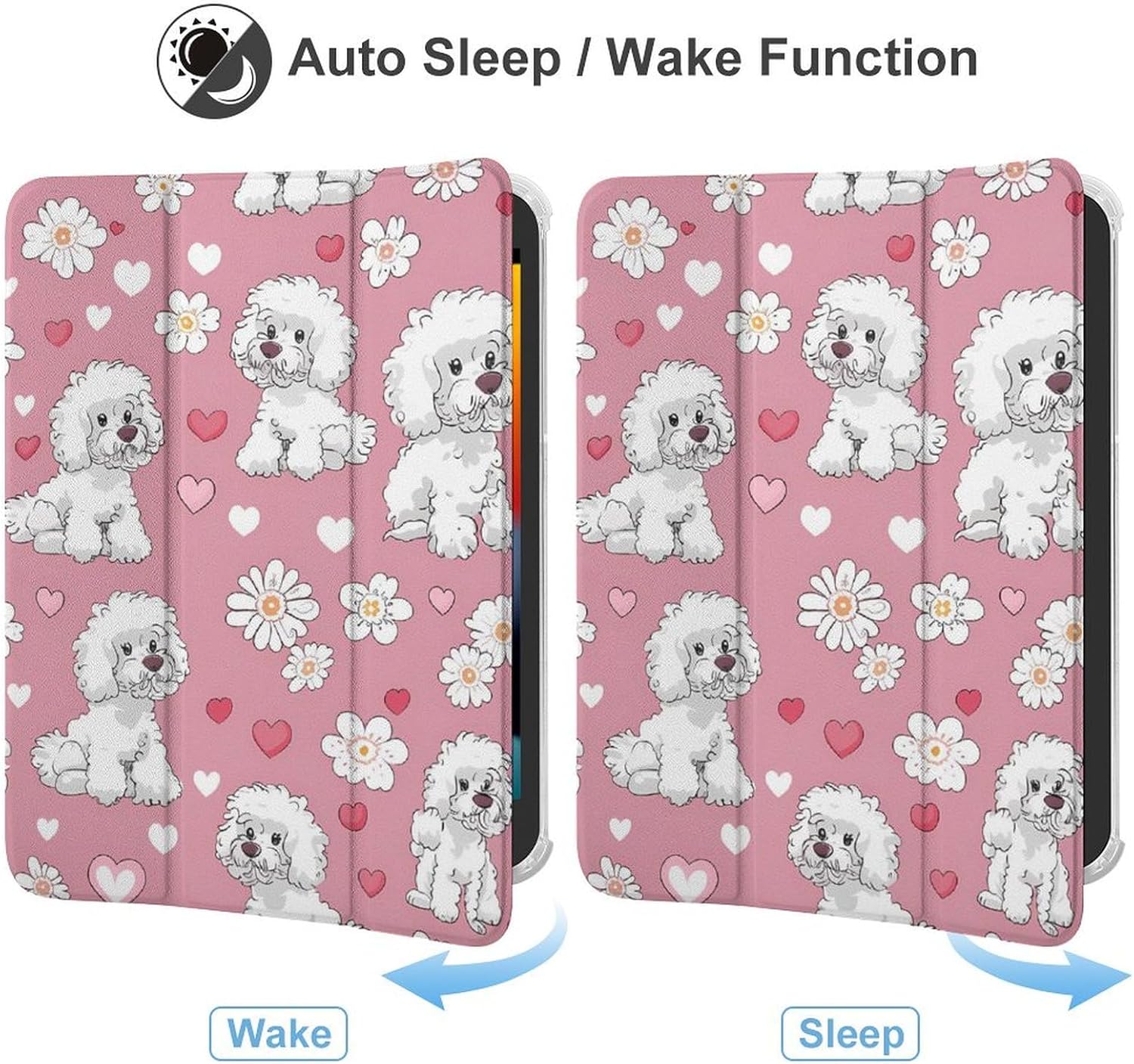 Poodle Dogs Hearts Flowers Cute Case Compatible for Mini6（8.3in） Trifold Tablet Protective Cover with Pencil Holder