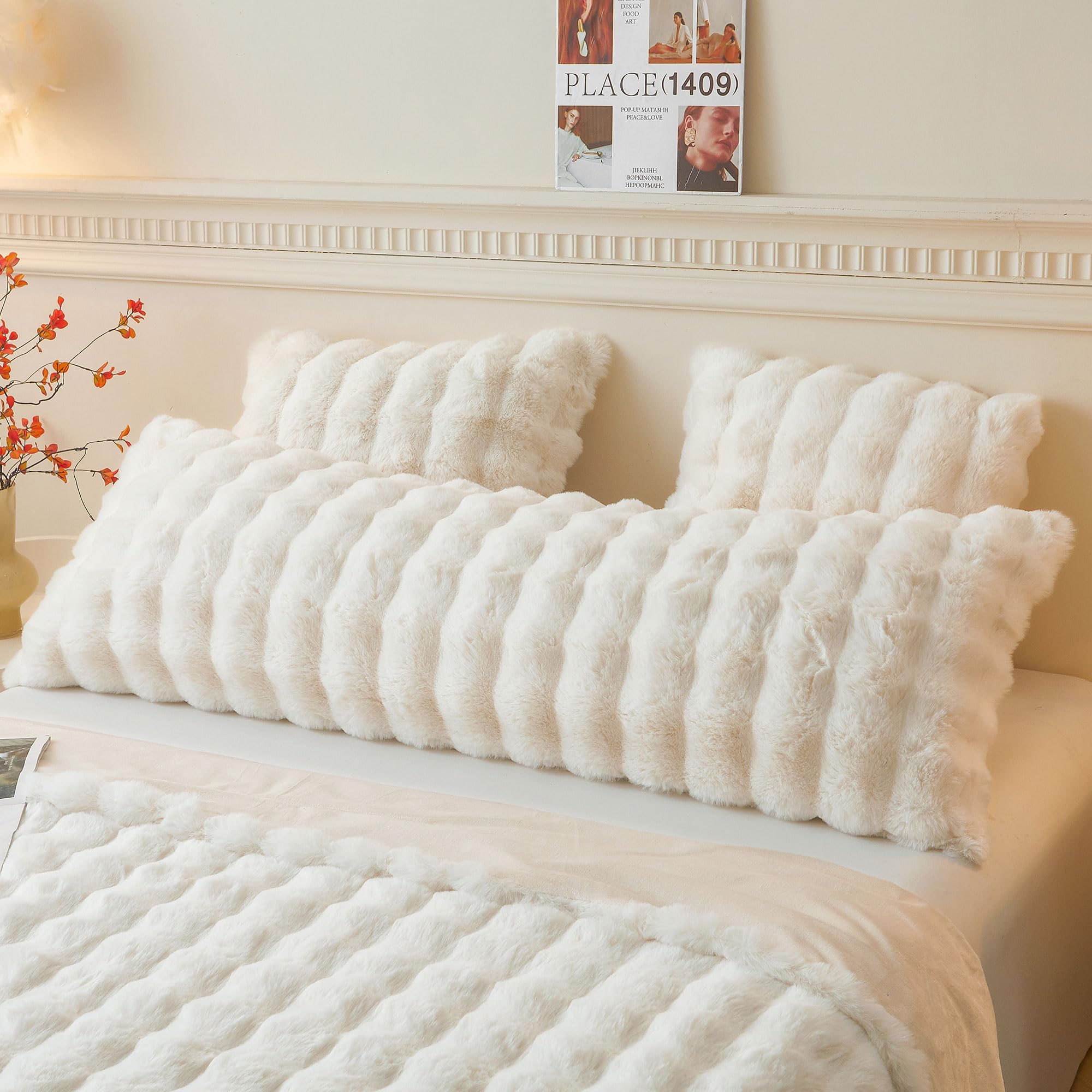 LIFEREVO Fluffy Faux Rabbit Fur Long Bolster Pillowcase, Soft Cozy Body Pillow Cover with Zipper, Plush Shaggy Waffle Bubble Bed Pillow Case Pillowcase for Pregnancy Women Side Sleeper, 4.6ft, Beige
