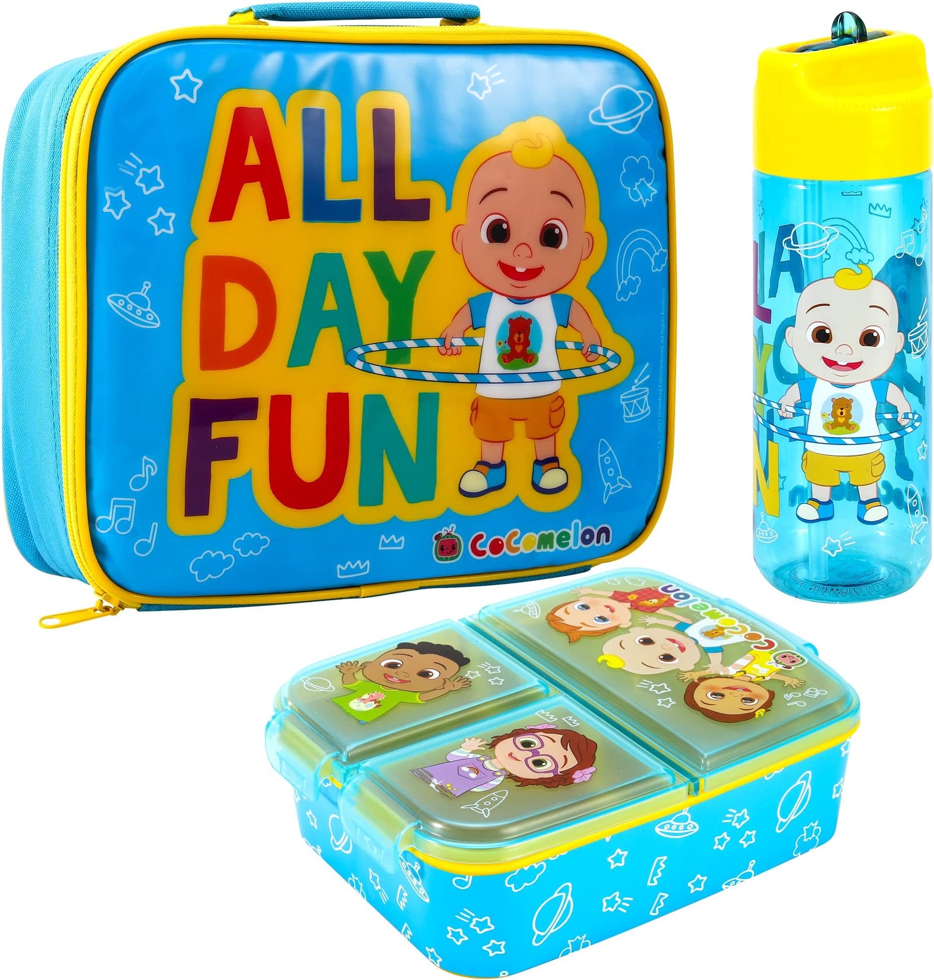 Zawadi Global Kids Childrens Lunch Box Set – Insulated Lunch Bag, Multicompartment Lunch Box & 540ml Water Bottle - School Travel Lunch Food Set, BPA Free (Cocomelon)