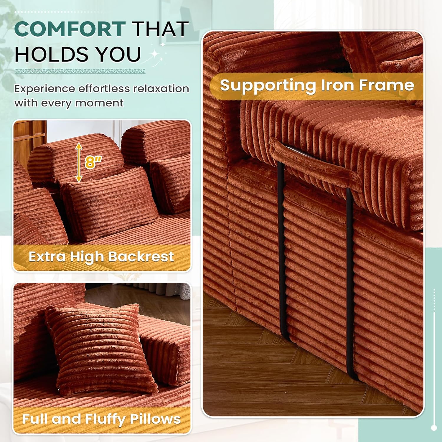 101-inch Sectional Couch, 3 Seater Oversized Modular Cloud Comfy Corduroy Memory Foam Fluffy Deep Seat Floor Compressed Sofa Couch with Pillows for Living Room Office Apartment, Orange