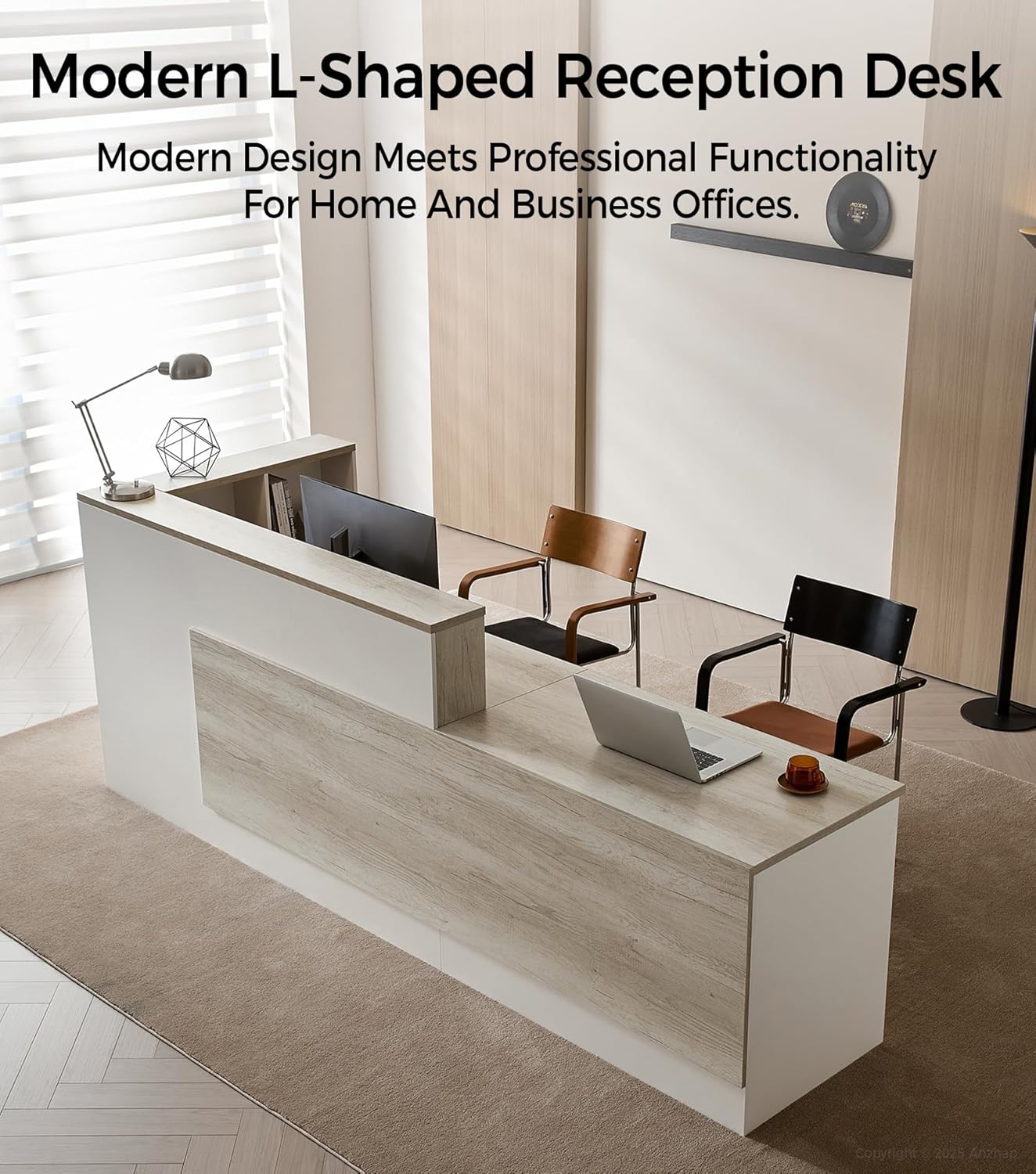 Modern L-Shaped Reception Desk with Counter - 110 Inches Front Desk with Storage Cabinet, Open Shelves, Lockable Drawer & Keyboard Tray for Office, Lobby, Checkout (Oak & Warm White - Right)