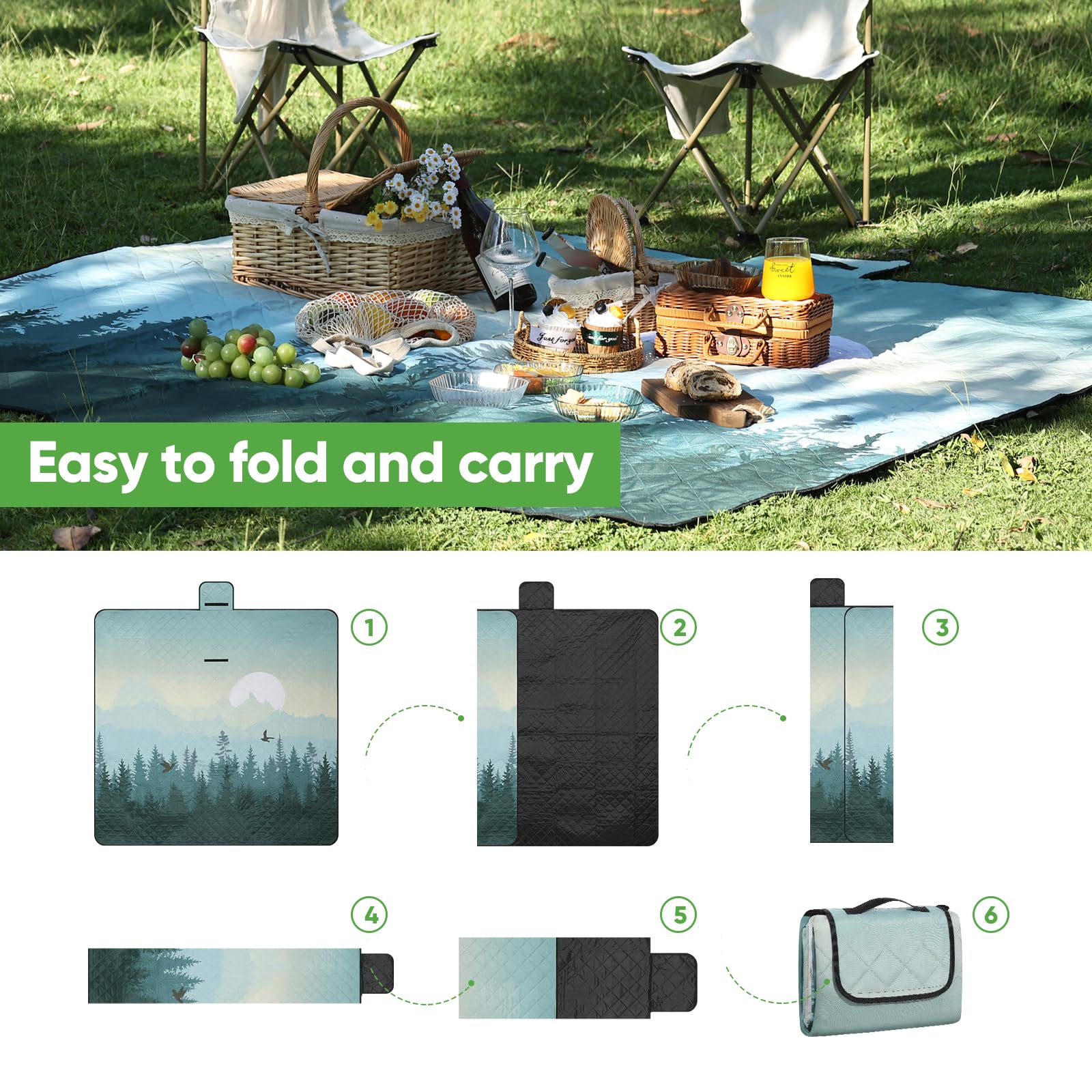 Couverture de pique-nique isolée - 200 x 200 cm - XXL - Imperméable - Oxford 210D - Ultra légère - Avec poignée de transport - Couverture d'extérieur pour 6 à 8 personnes - Forêt