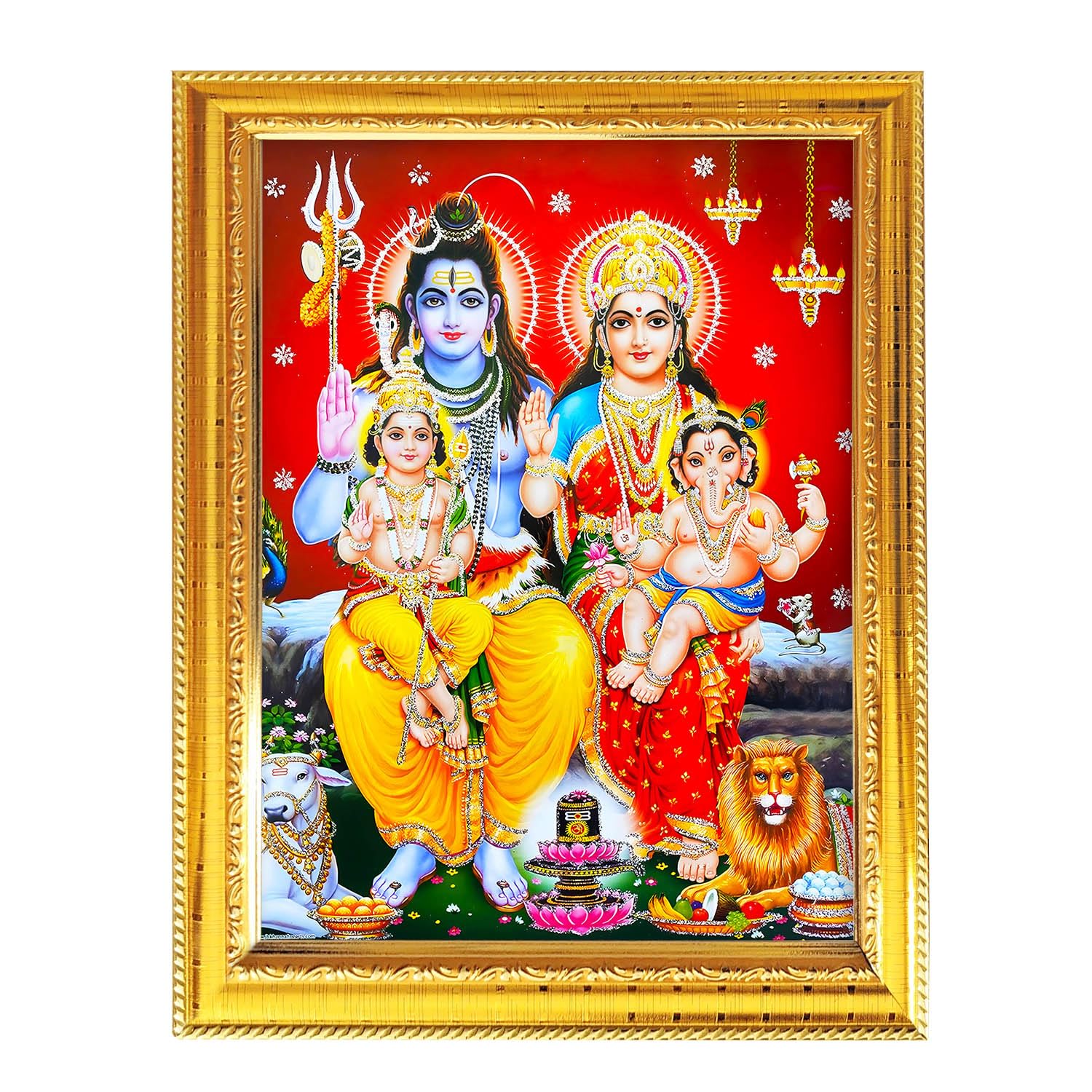 Fashnkart Shiva Family Shiva Parivar Hindu God Photo With Golden Frame Table Wall Pooja Room Worship Religious Spiritual 8.3X6.5
