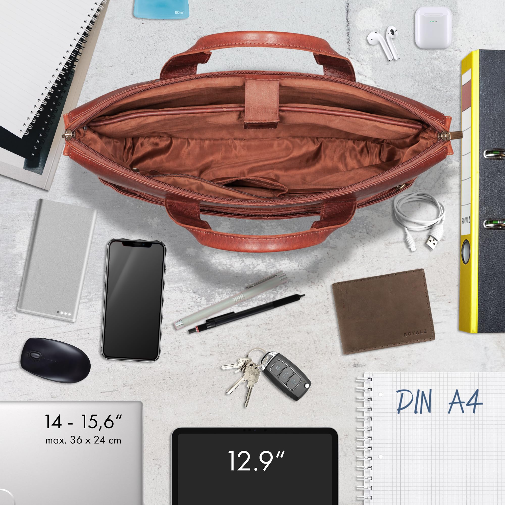 ROYALZ 'Seattle' Moderne Ledertasche Herren aus Echtleder groß - ideal als Business Aktentasche flache Laptoptasche 14-15.6 Zoll zum Reisen mit Trolley Halter