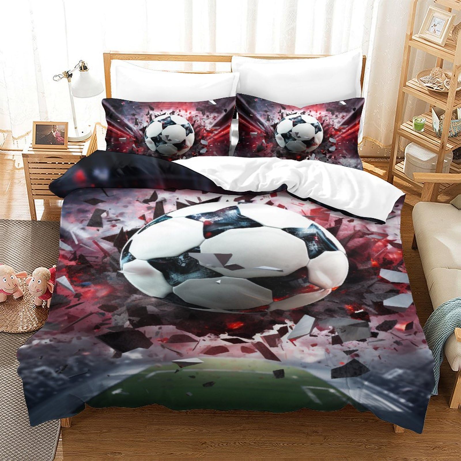Housse de couette football 140x200 parure de lit 3 pièces adultes et enfants