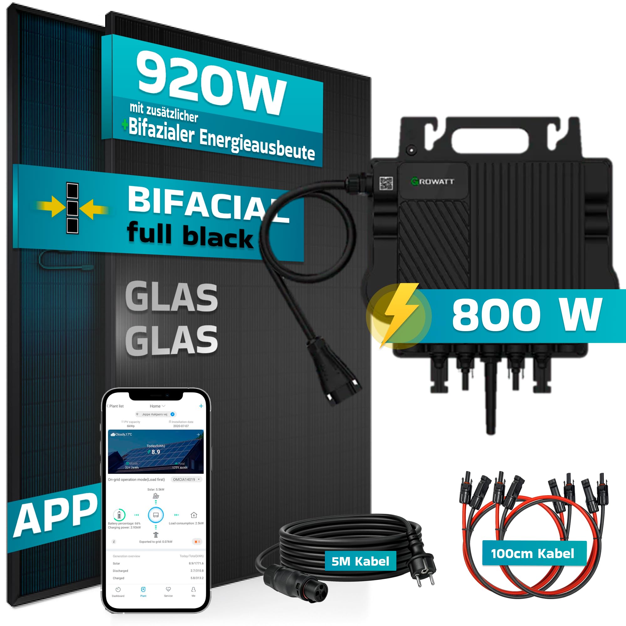 SUNNIVA® 920W Balkonkraftwerk BIFAZIAL FULLBLACK komplett Steckdose GROWATT NEO-800M-X Watt Wechselrichter, PV Solaranlage Komplettset,2x460W Glas-Glas Bifacial Solarmodule, 5m Kabel,4x1m Solarkabel
