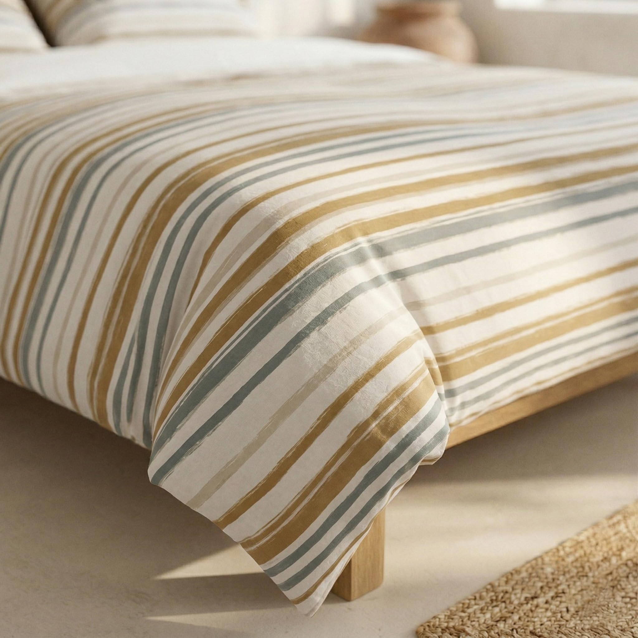 Juego Funda nórdica Cama 180/200 100% algodón, Funda edredón 260x240 cm + 2 Funda Almohada 50x90 cm, Estampado Rayas, Azul/Mostaza.