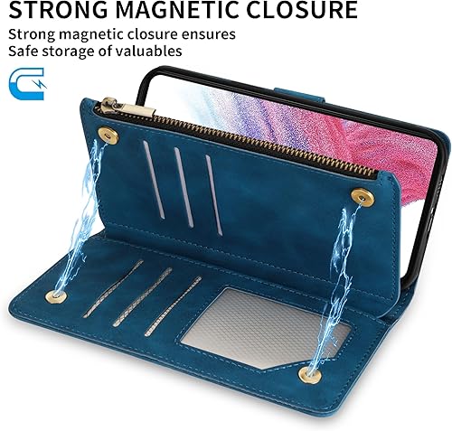 Miniatura 5 de ZZXX Funda tipo cartera para Samsung Galaxy A53 con ranura para tarjeta de bloqueo RFID, piel sintética suave de alta calidad, con cremallera, con