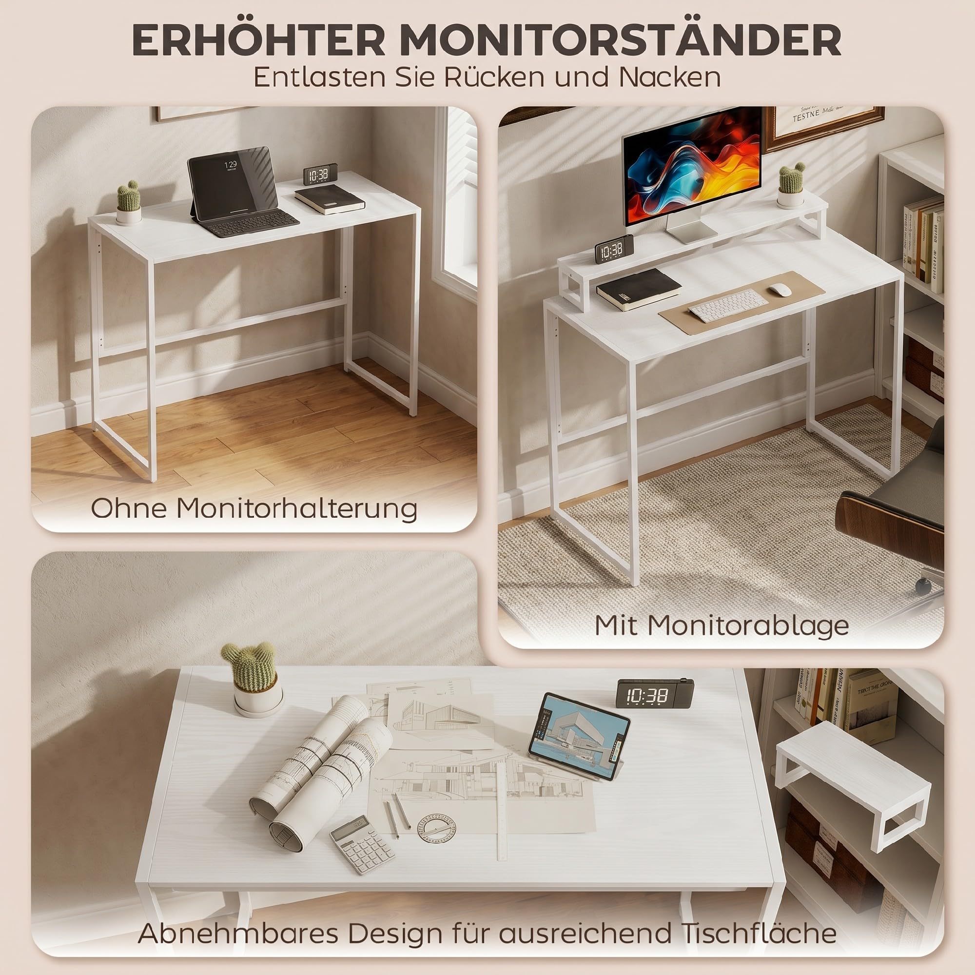 HOMCOM Schreibtisch Klappbar mit Monitorhalterung 100 x 48 x 87,5 cm Weiß