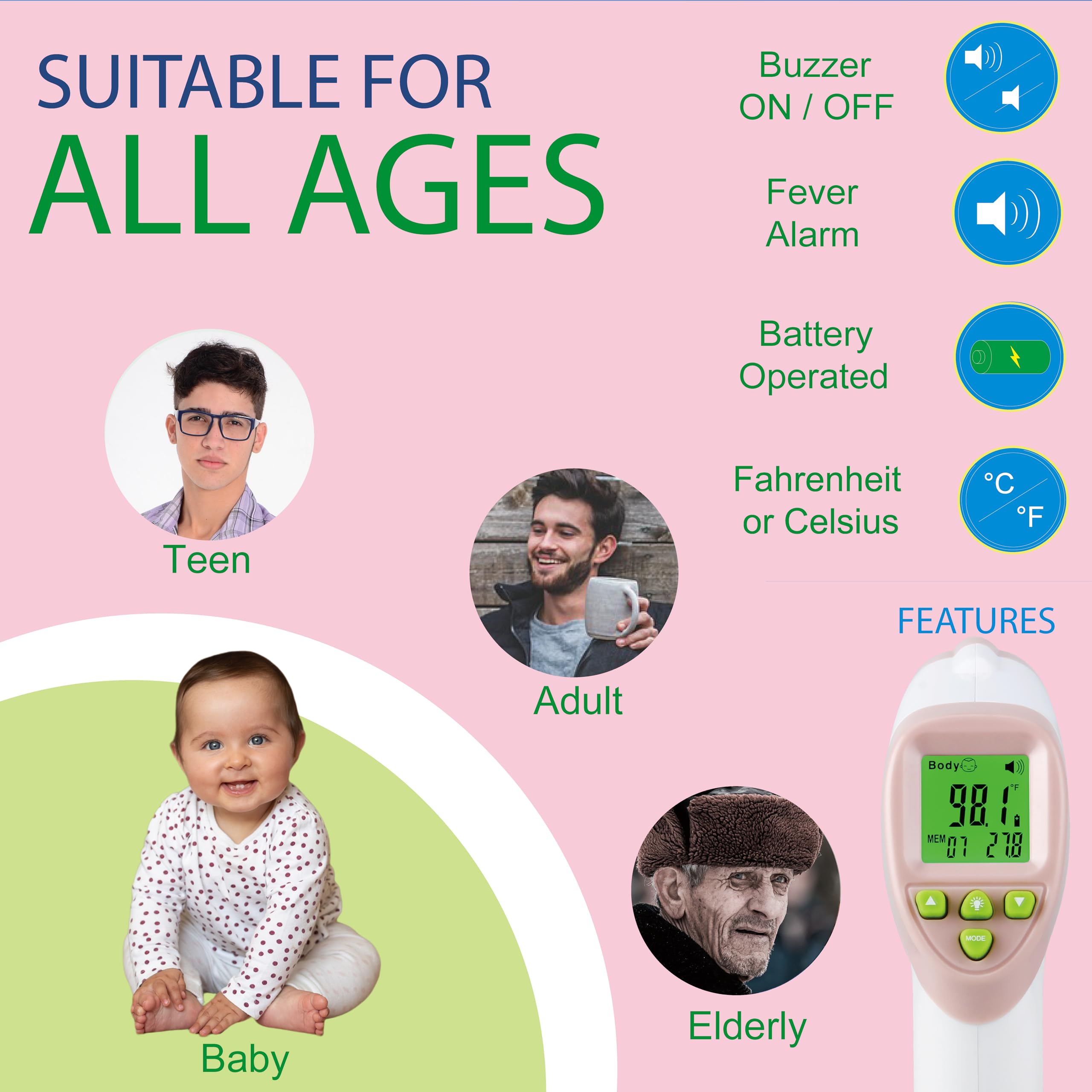 Elate Termómetro de frente | Termómetro de bebé para adultos, niños, bebés | Infrarrojo digital sin contacto con alarma de fiebre | Accesorios de grado médico para el hogar para enfermeras |