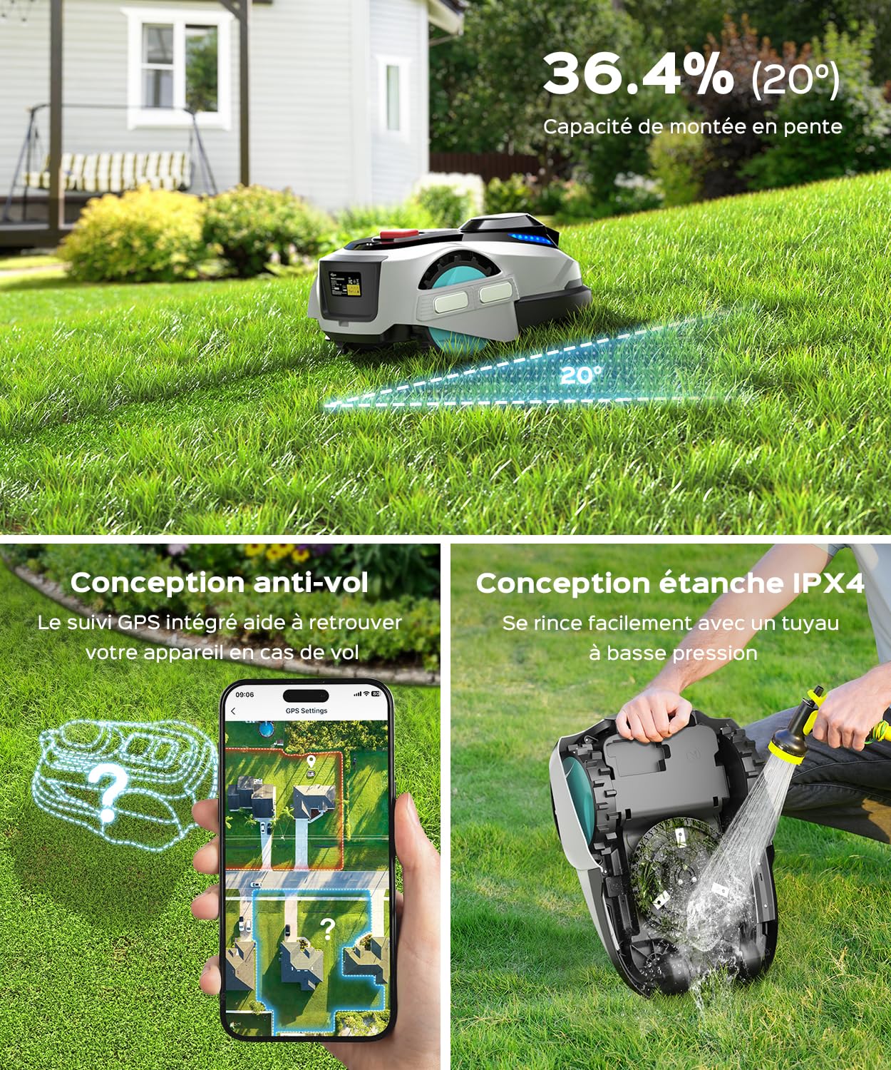 (2026 Upgrade) YARDCARE N1600 Pro Robot Tondeuse sans Fil périphérique, Max 1600 m² – avec RTK & Vision, trajectoire en U, Gestion multizone, contrôle Via Application et évitement des Obstacles