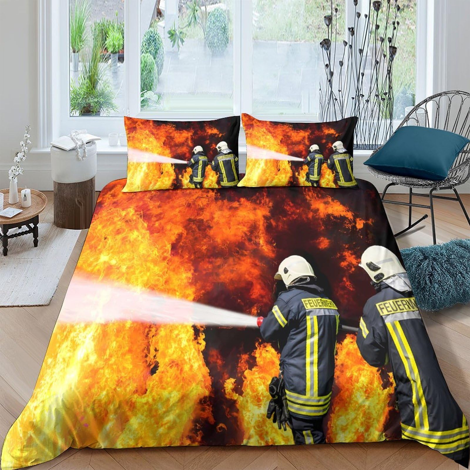 Ctjqhvkz Style-4 3D Printed Firefighter Flames Fitted Sheet Microfiber Soft Anti-Slip Bed Cover For Bedroom Dorm Mattress Decor Single（135X200cm）