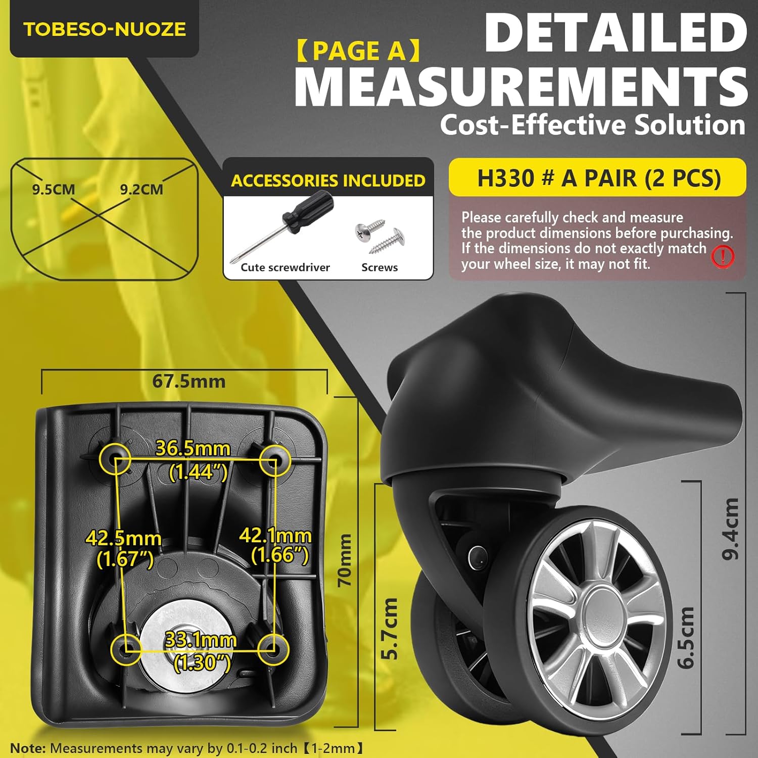NUOZE Duel Spinner Luggage Wheels Replacement for Suitcase, Wheels Parts Roller Suitcase Tourister Travel Trunk Caster Luggage Replacement Kit (H330-2Pcs)