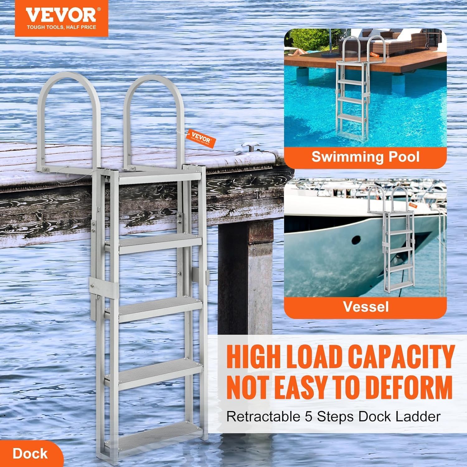 VEVOR Retractable Dock Ladder 5 Steps, Aluminum Sliding Pontoon Boat Ladder with 48"-60" Adjustable Height, 4" Wide Nonslip Pedals, Swim Step Ladder for Boat/Lake/Pool/Marine Boarding