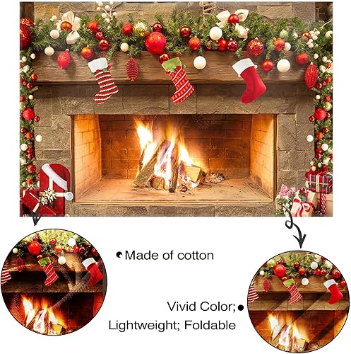 Miniatura 6 de Mocsicka Telón de fondo con temática de chimenea de Navidad para fotografía, árbol de Navidad, regalo de calcetín de fiesta familiar, papel tapiz de