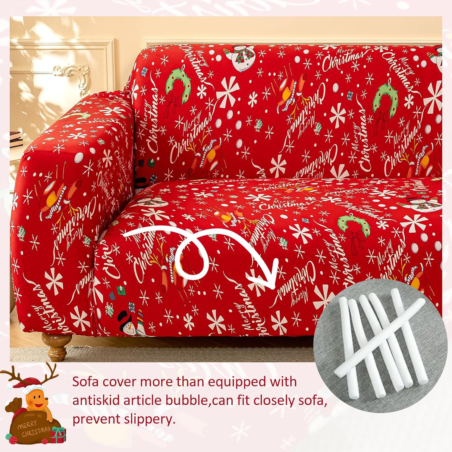 DJY Christmas Printed Couch Cover, Soft Stretch Red Sofa Covers for Couches Elastic Xmas Snowman Theme 3 Seat Universal Sofa Slipcover for Home Christmas Decorations
