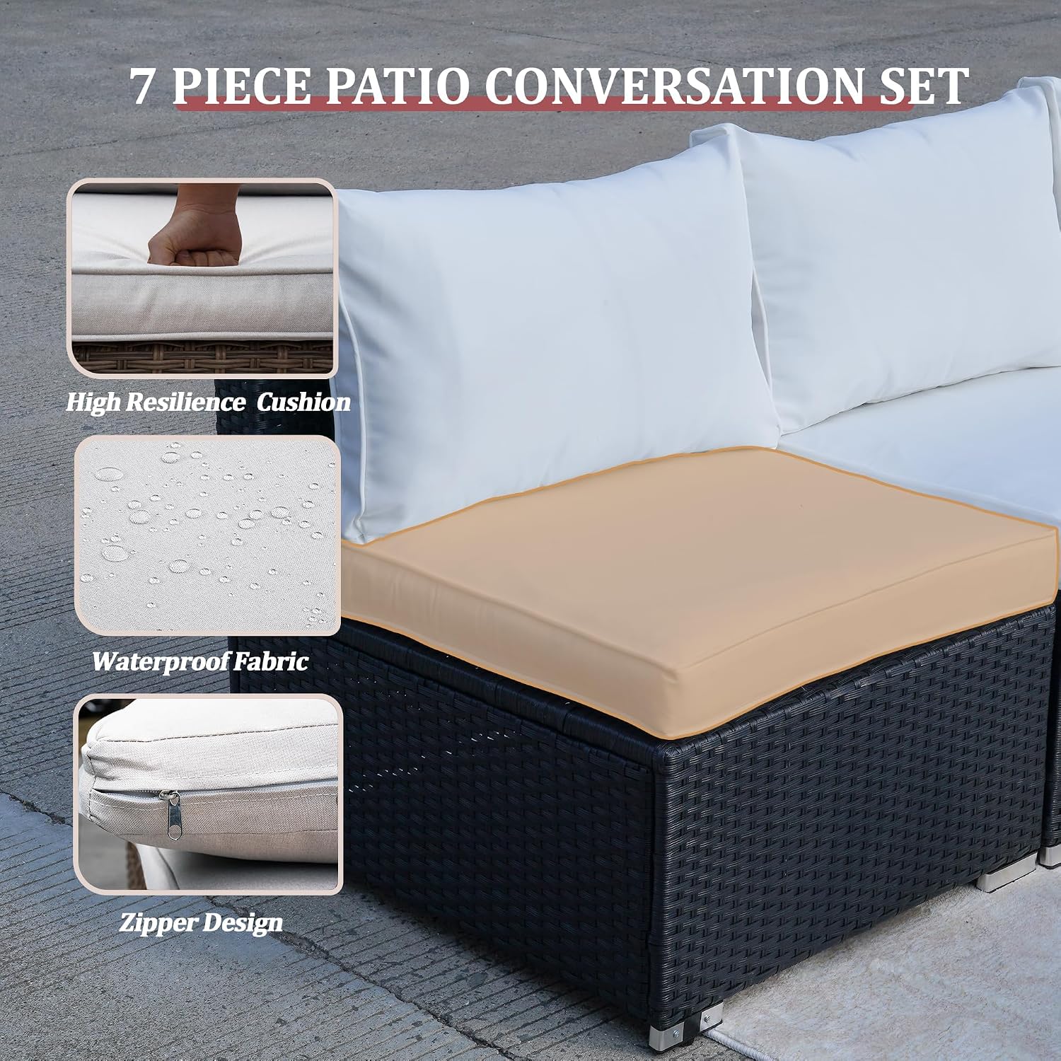7 Piece Outdoor Sectional Outdoor Patio Furniture Set, Outdoor Patio Furniture Set with Coffee Table, Sectional Couch Sofa with Cushions, Wicker Outdoor Conversation Set for Backyard & Garden, Blue