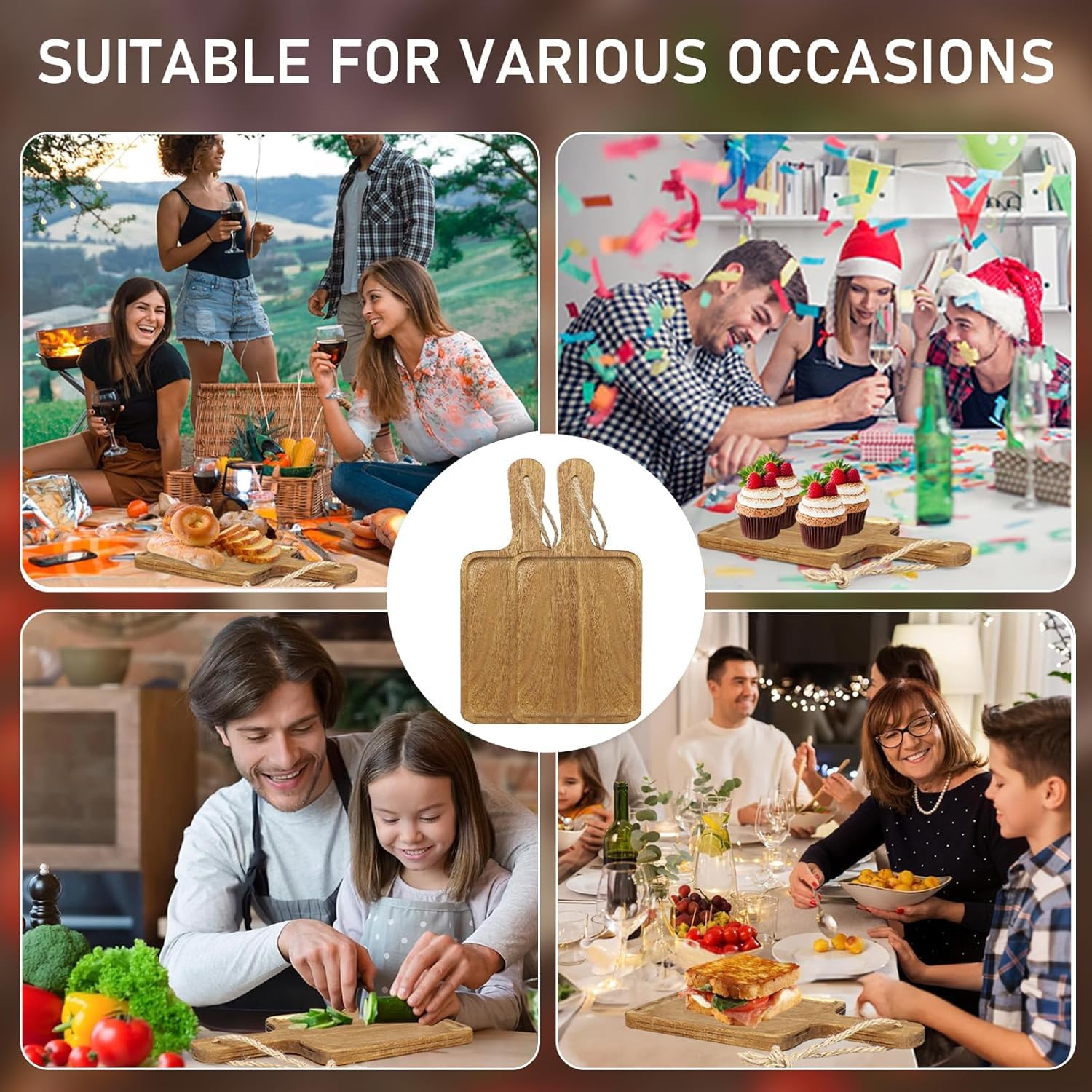 Lot de 16 Planches à Découper en Bois d’Acacia avec Poignée, 20 x 15 x 1,5 cm, Plateau de Charcuterie Décoratif pour Pizza, Fromage et Fruits, Planche de Service pour Cuisine et Décoration de Noël