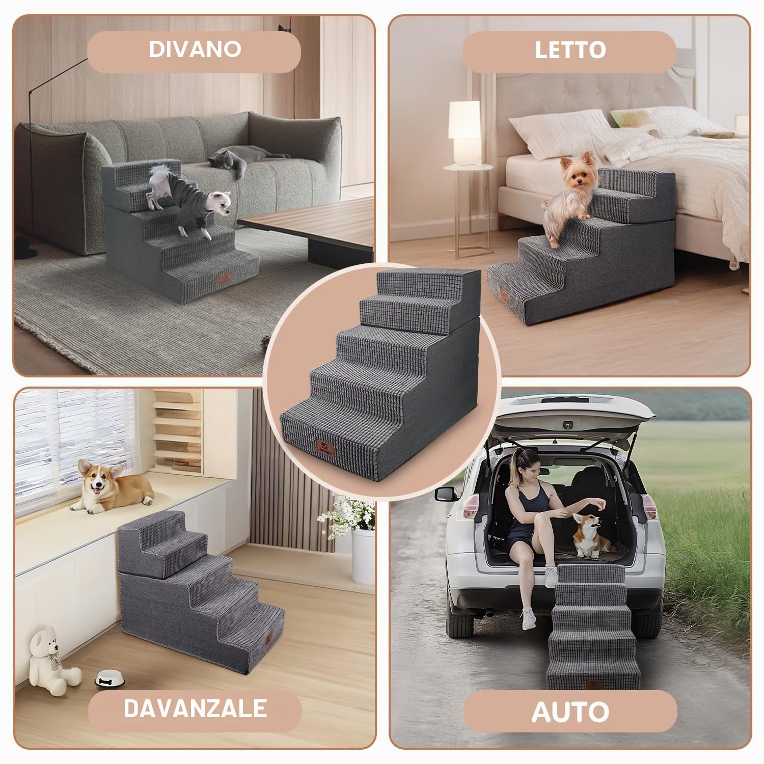 Sytopia Scaletta per cani di taglia grande, altezza 5 gradini, schiuma grigia, 76 x 40 x 57 cm