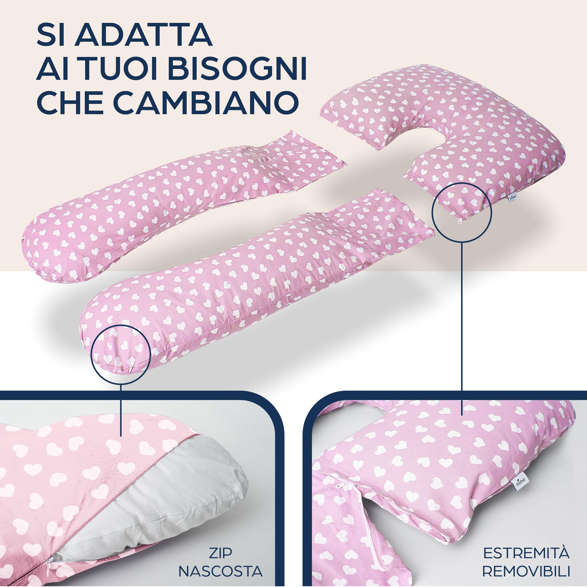 Niimo Cuscino Gravidanza a Forma di U per Dormire - Cuscino Allattamento e Cuscino Maternità per Donne Incinte - Cuscino per l'Allattamento al Seno con Federa in Cotone al 100% (Cuori Rosa e Bianco)