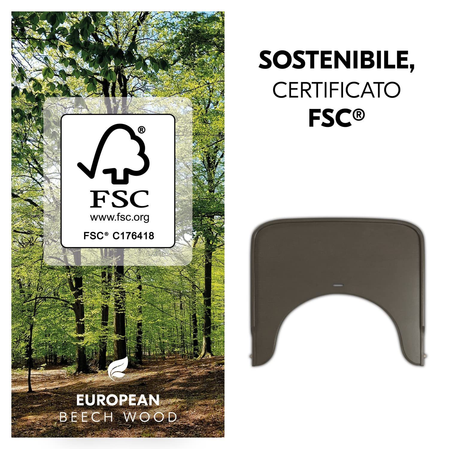 hauck Alpha Wooden Tray, Carbone - Vassoio in Legno Compatibile con Seggiolone Pappa Alpha+ e Beta+ per Bambini 6-36 Mesi, con Bordo Rialzato e Cert. FSC®
