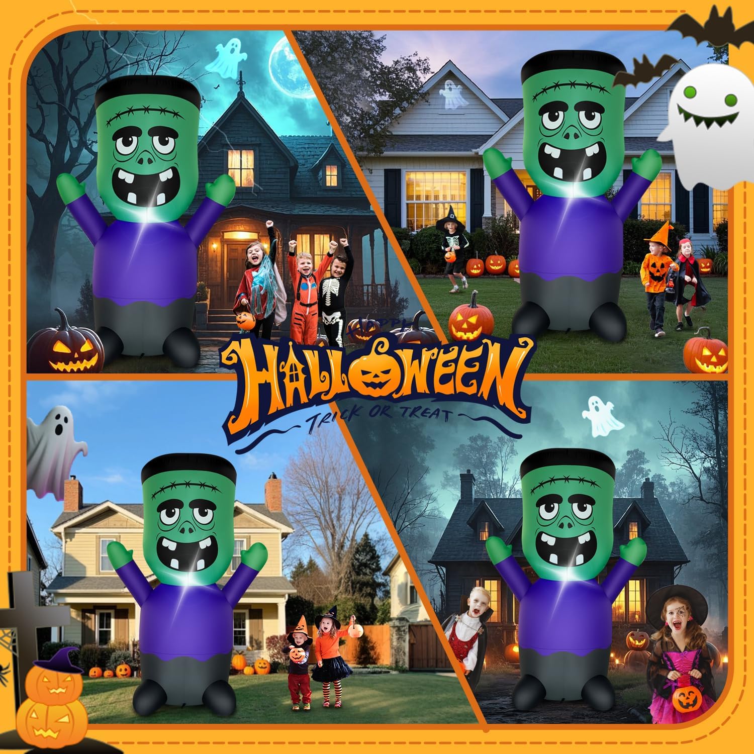 ハロウィンインフレータブルゴーストデコレーション 屋外 - 4フィート グリーンモンスター ハロウィン 爆破 庭の装飾 かわいいゴー