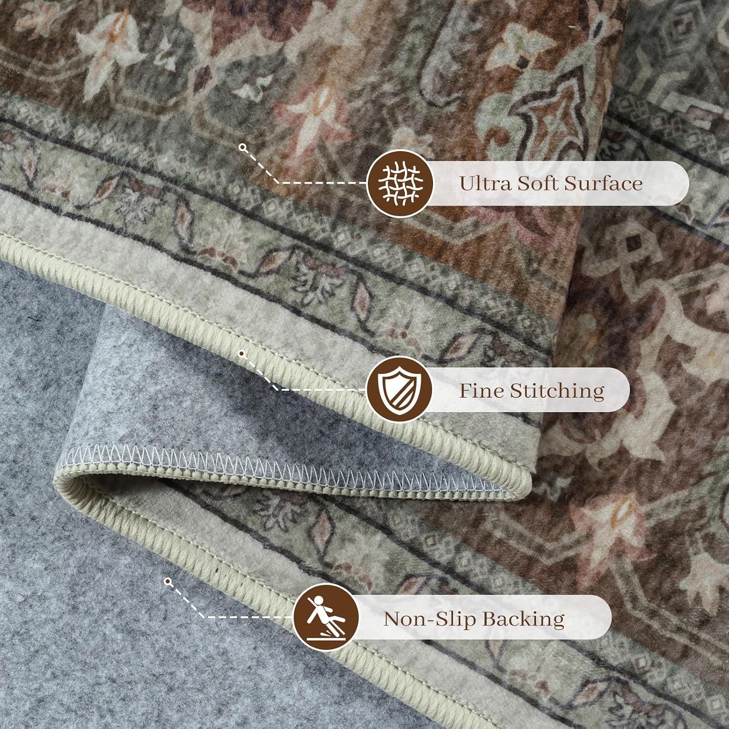 LIVEBOX Vintage Distressed 5x7 Area Rugs for Living Room Bedroom Non Slip Washable, Soft Boho Rug Stain Resistance Low Pile Carpet for Kitchen Dining Room Home Office (Brown/Moss)