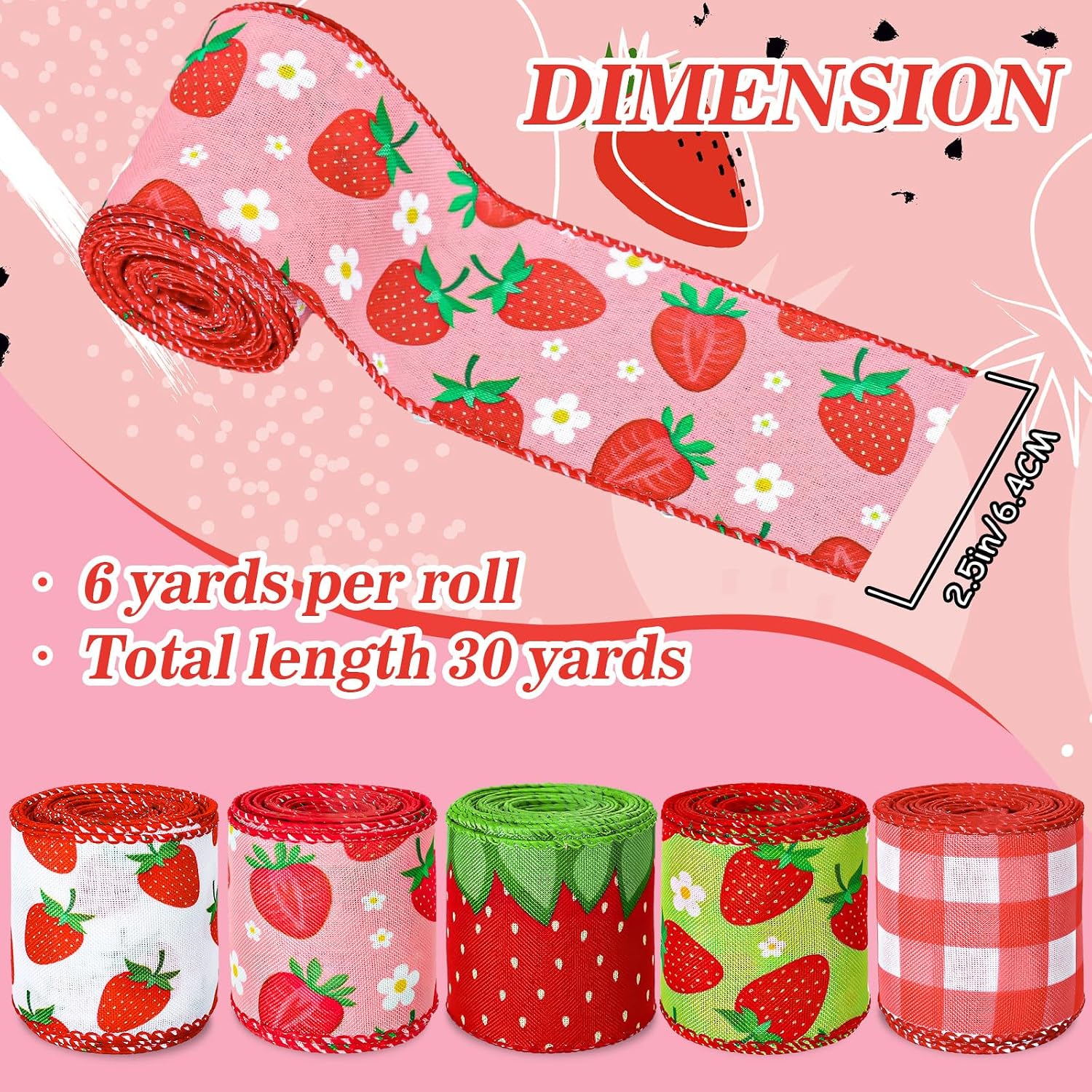 Whaline 5 Roll Strawberry Wired Ribbon 2.5 Inch Red Pink Green Strawberry Plaid Fabric Craft Ribbon Colorful Wired Edge Ribbons for Summer DIY Craft Wreath Bow Floral Gift Box Wrapping, 30 Yards
