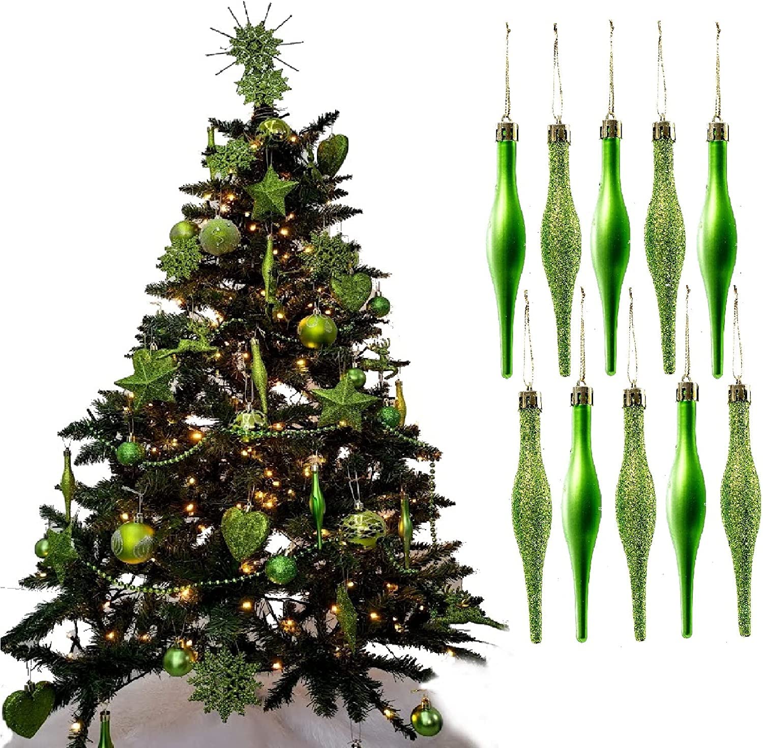 UKDeals Direct® LIME GREEN COLLECTION CHRISTMAS DROPLET BAUBLES TREE DECORATIONS GLITTER MATT ICICLES (Pack of 10 Droplets 120mm)