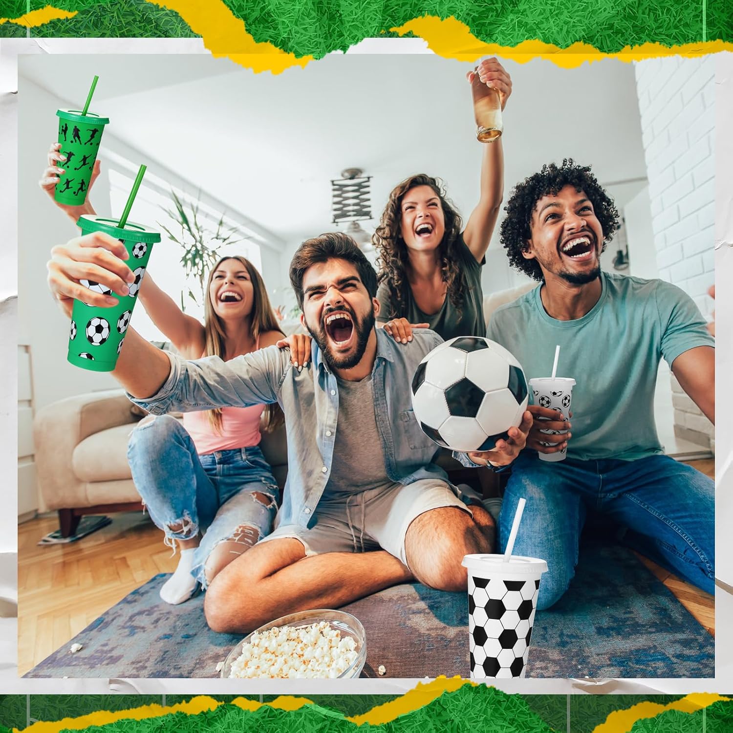 Nuogo 12 Pcs Soccer Party Favor Cups Bulk 24 oz Plastic Soccer Tumbler with Lid and Straw Reusable Cups for Boyfriend Fan Sports Birthday Party Favors