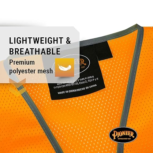Miniatura 9 de Pioneer Chaleco de seguridad para hombre, malla reflectante Hi Vis, 9 bolsillos, cremallera, construcción, tráfico, trabajo de seguridad, naranja,