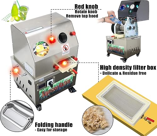 Miniatura 7 de Exprimidor eléctrico de caña de azúcar, prensa vertical con 3 rodillos de acero inoxidable, alta capacidad de 660 lbh, fácil de limpiar, diseño
