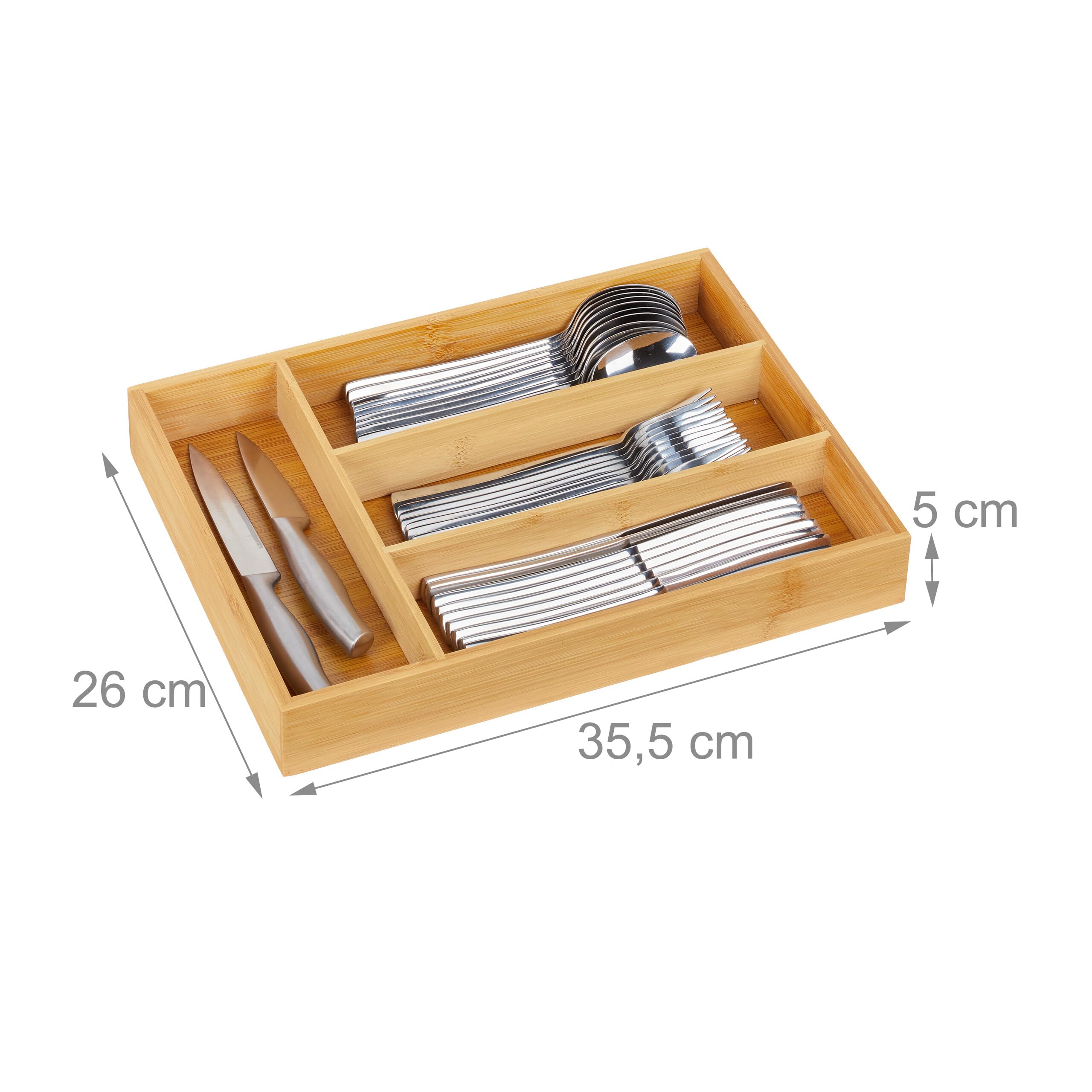 Relaxdays Portaposate da Cassetto in Bambù, 4 Scomparti, Divisore Posate e Utensili Cucina, 5 x 26 x 35,5 cm, naturale